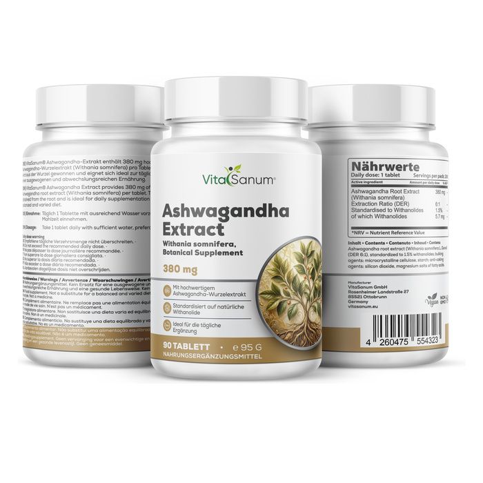 Tre flaconi di VitaSanum Ashwagandha Extract. Un flacone mostra informazioni nutrizionali dettagliate.
