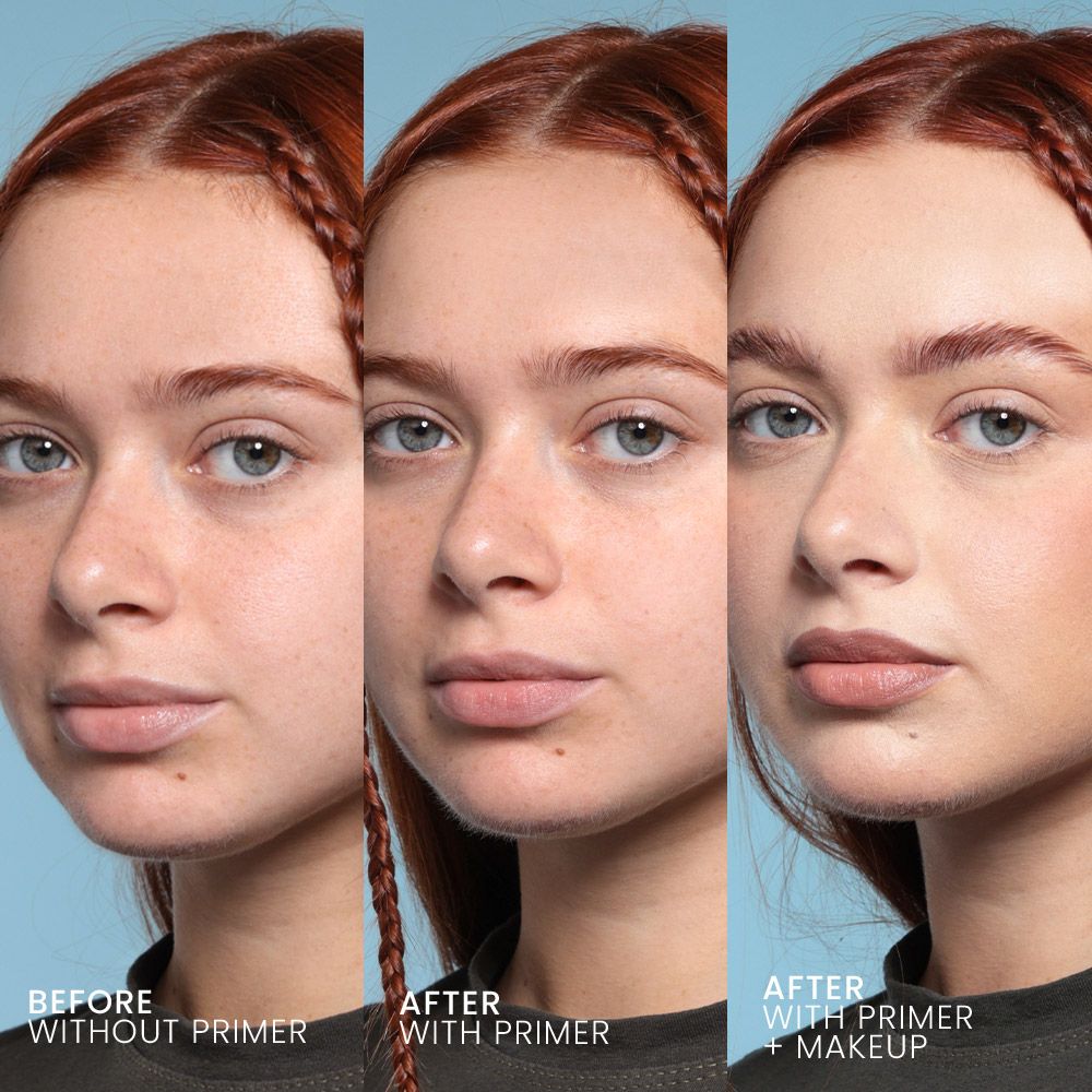 Tre volti: Prima, Dopo con primer, Dopo con primer e trucco. Donna con trecce rosse. Confronto della texture della pelle.