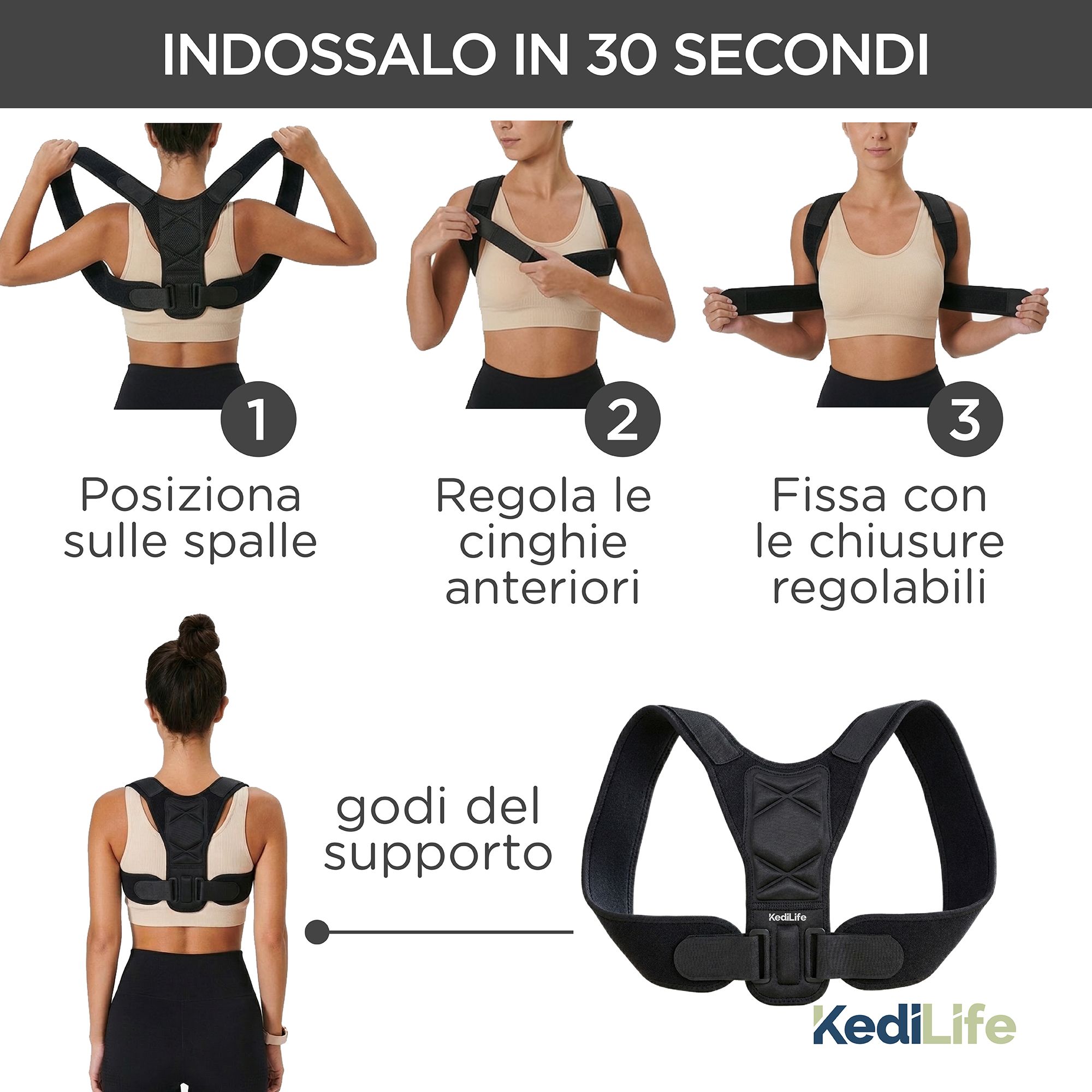 Istruzioni per l'uso del correttore posturale KediLife. Passaggi 1-3. Logo KediLife.