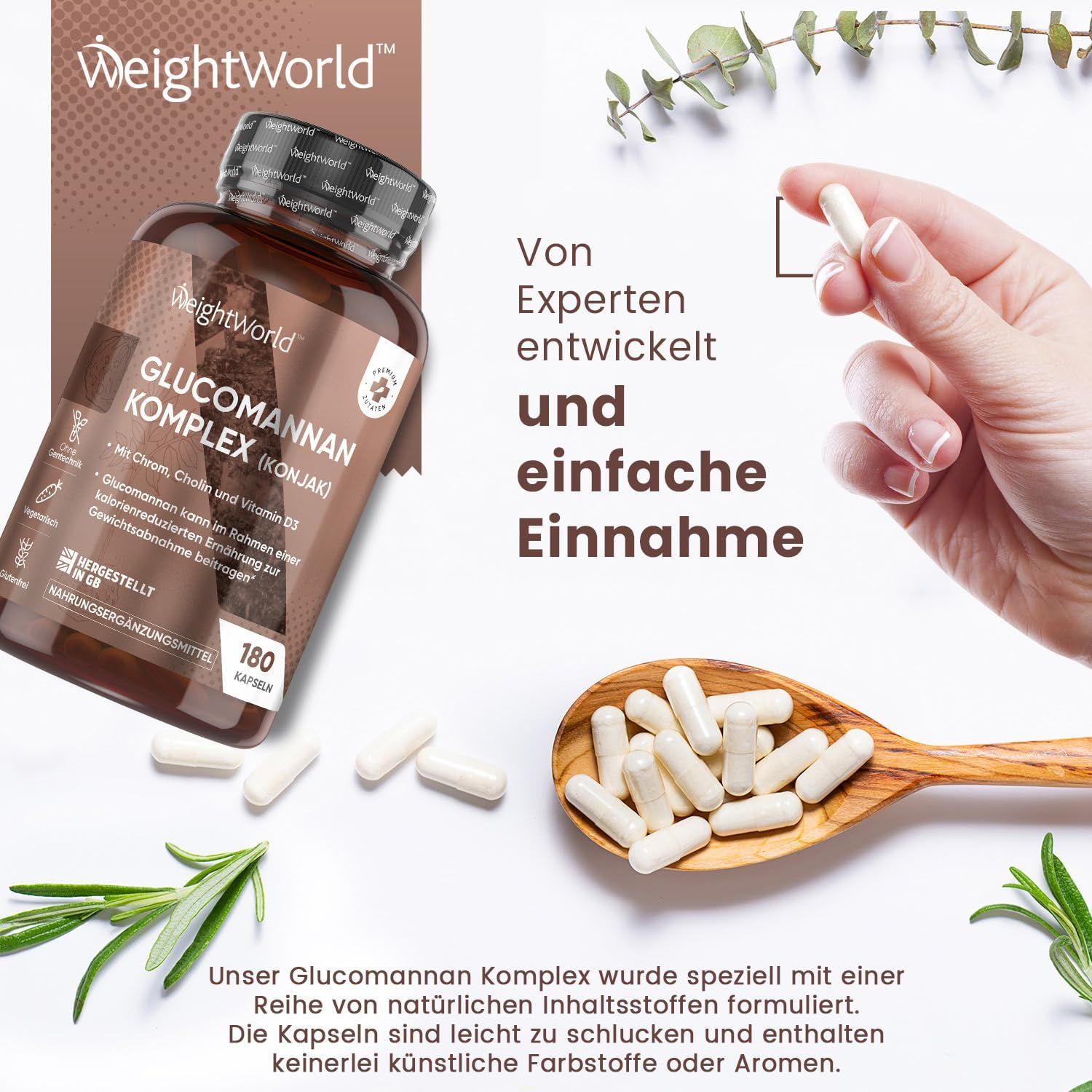 Flacone con capsule, accanto capsule su un cucchiaio. Testo: Glucomannan Komplex. Marchio: WeightWorld.