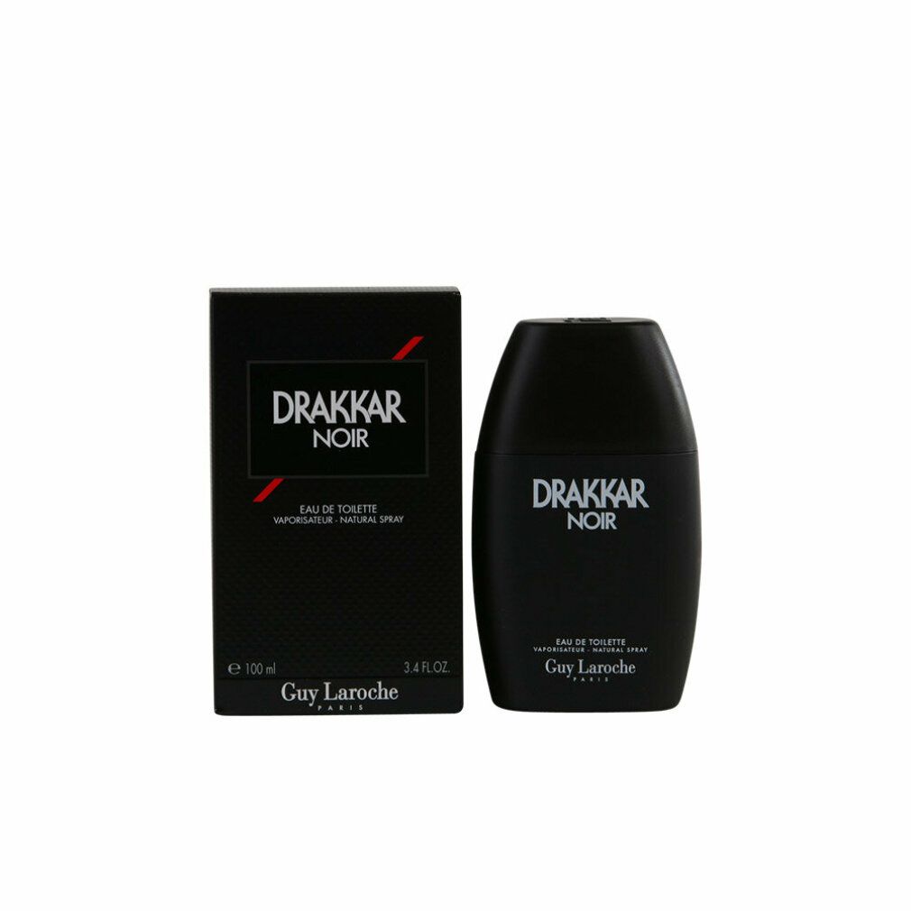Flacone e scatola neri Drakkar Noir. Eau de Toilette. Flacone ovale nero. Scatola con logo e testo. Guy Laroche.