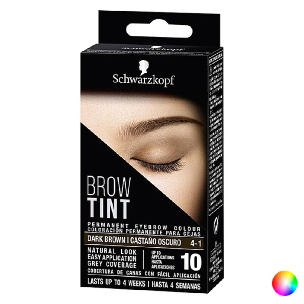 Schwarzkopf Brow Tint, marrone scuro 4-1. Confezione nera con immagine sopracciglia. Testo: Colore permanente sopracciglia, fino a 10 applicazioni.