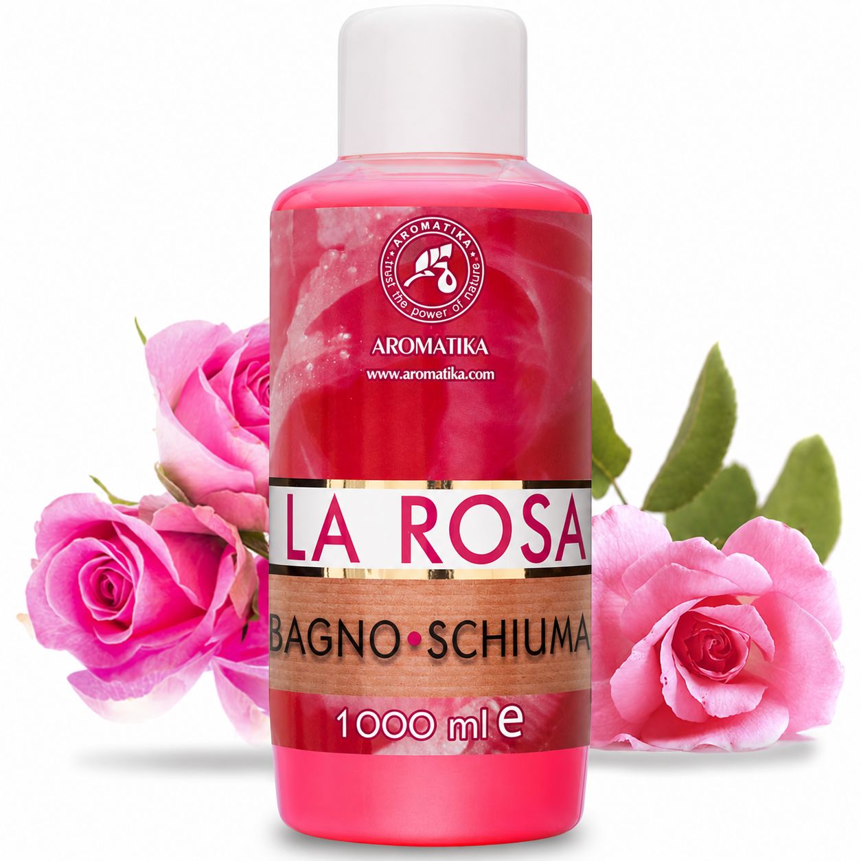 Flacone da 1000 ml di bagnoschiuma rosa con etichetta "LA ROSA BAGNO SCHIUMA" e rose.