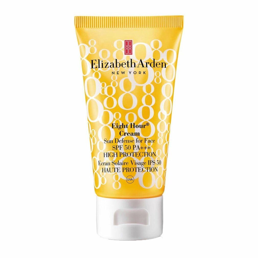 Tubo giallo con tappo bianco. Scritta: Elizabeth Arden, Eight Hour Cream, Sun Defense for Face SPF 50. Alta protezione solare.
