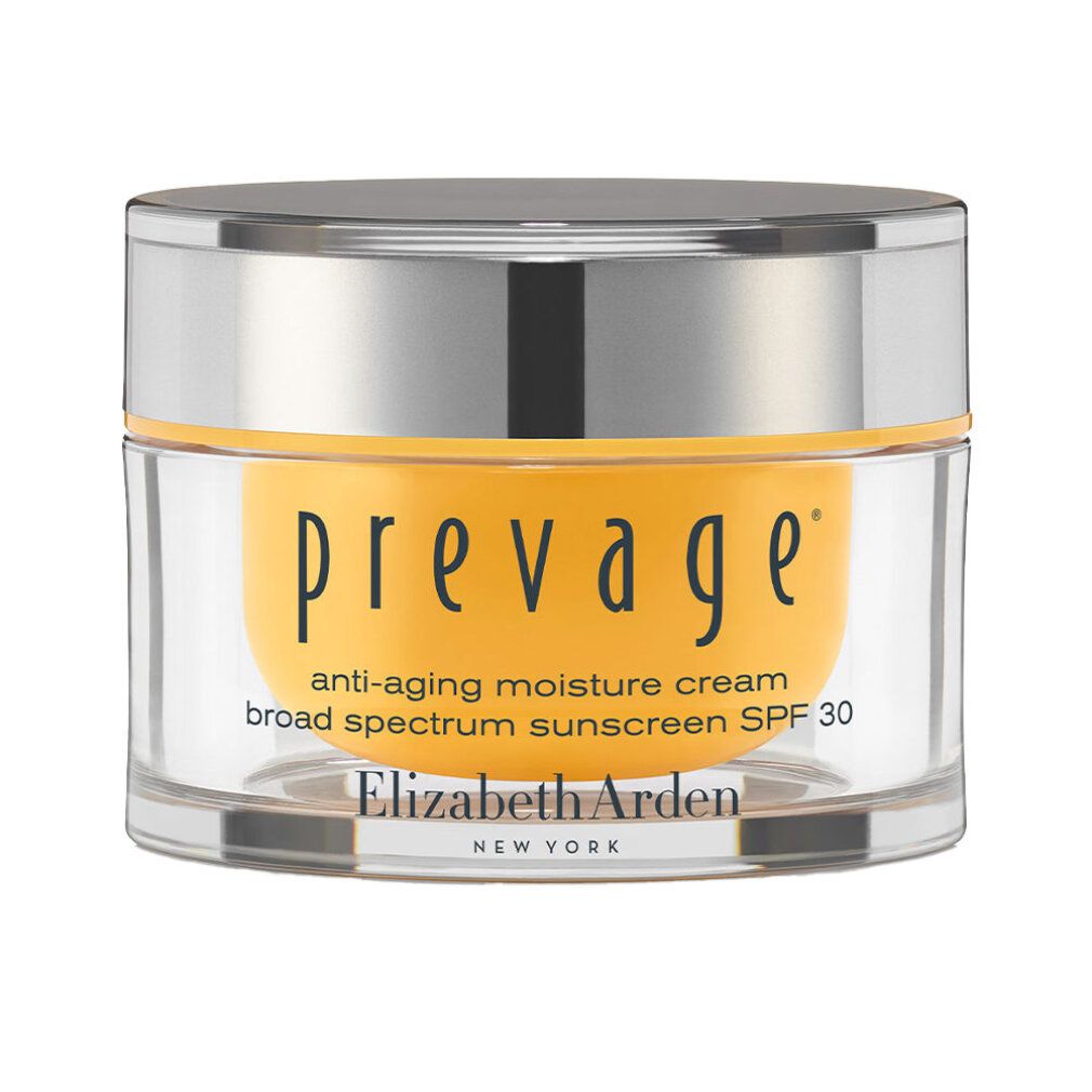 Vaso di crema con coperchio argentato. Scritte "prevage", "anti-aging moisture cream broad spectrum sunscreen SPF 30" e "Elizabeth Arden".
