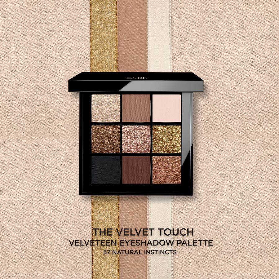 Palette ombretti Ga-De Velveteen, nove tonalità, confezione nera. Testo: The Velvet Touch, 57 Natural Instincts.