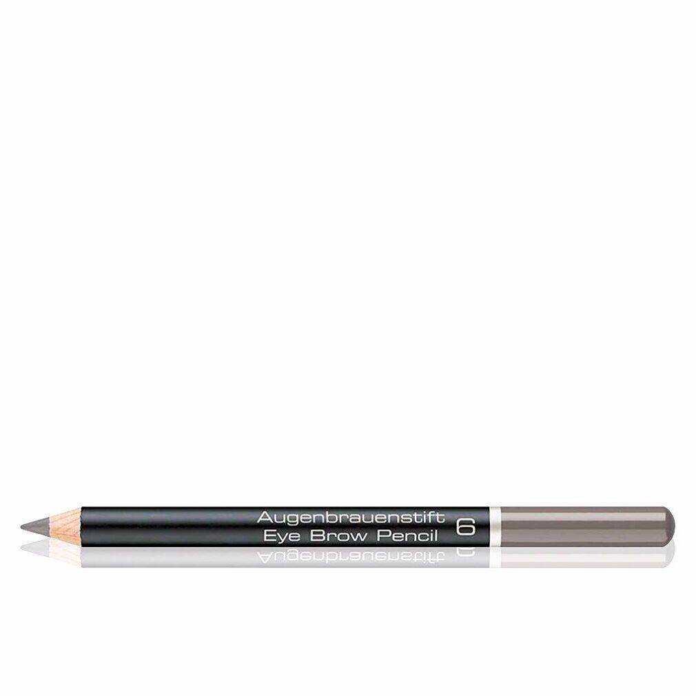 Matita per sopracciglia grigia. Fusto nero con scritta 'Augenbrauenstift Eye Brow Pencil 6'. Punta e estremità inferiore grigie.