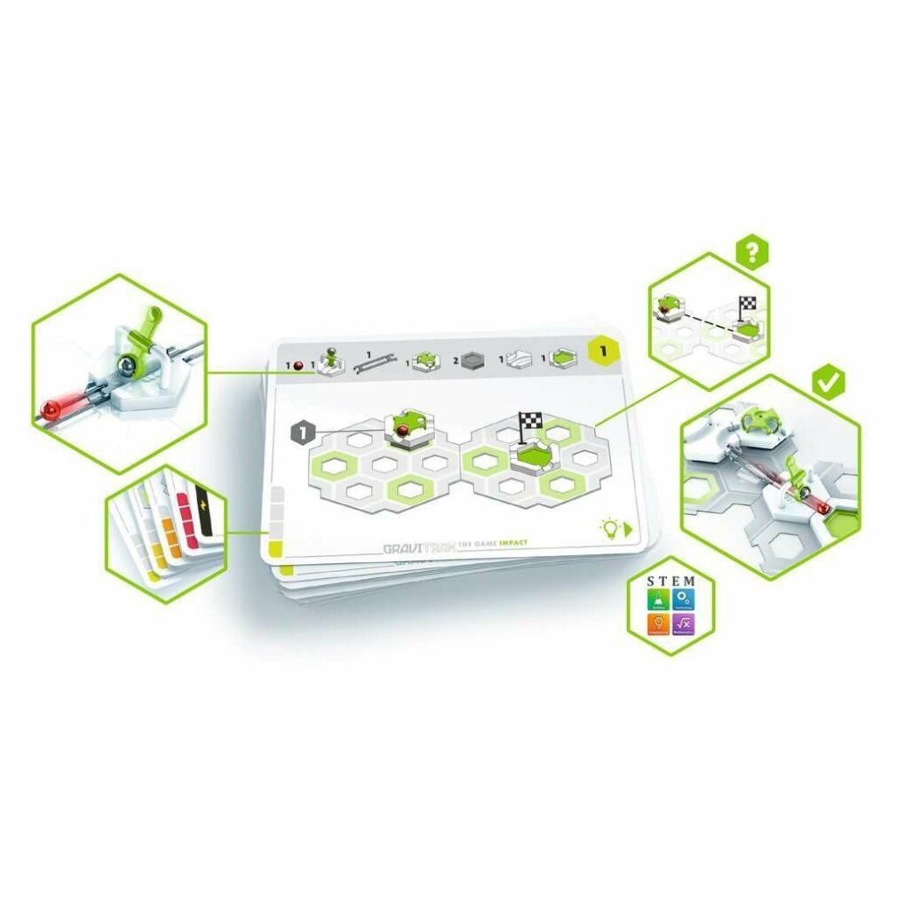 Grafica con componenti e carte GraviTrax. Contiene binari, piastre, cubi, elementi verdi e carte.