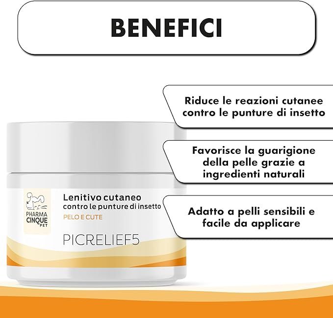 Vasetto di crema con testo: Riduce le reazioni cutanee, favorisce la guarigione, adatto a pelli sensibili.