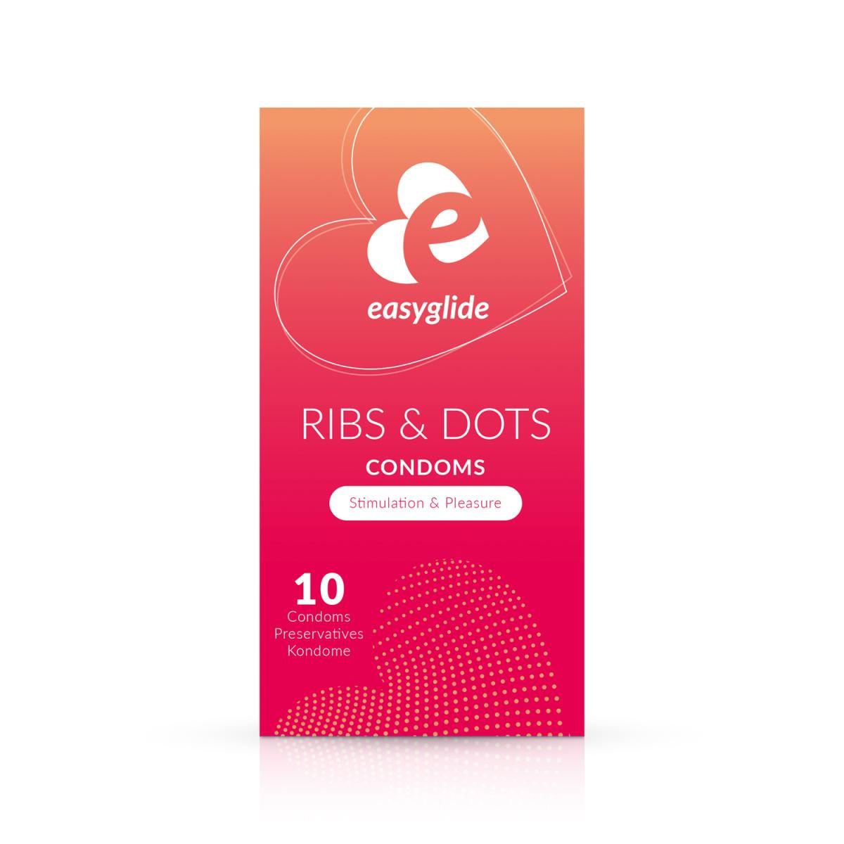 Confezione di preservativi EasyGlide Ribs & Dots, 10 pezzi, motivo a cuore e pois.