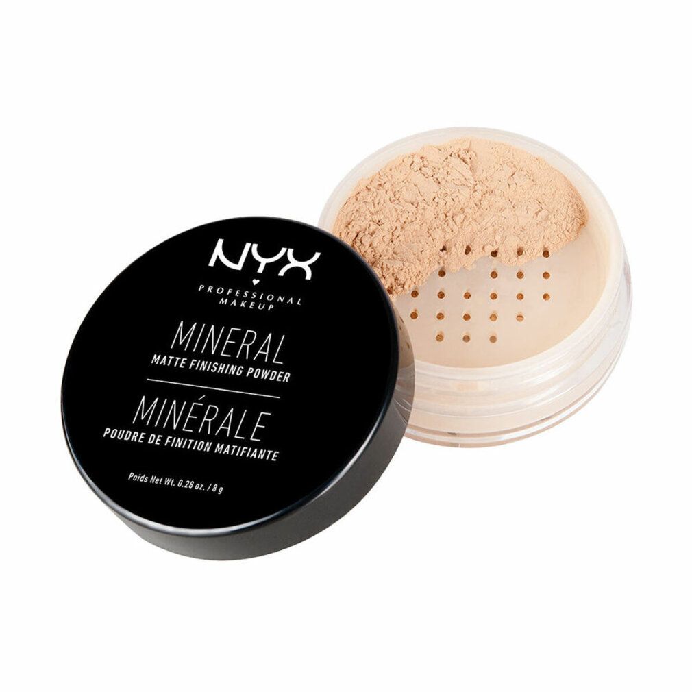 Confezione nera rotonda con scritta bianca: NYX PROFESSIONAL MAKEUP MINERAL MATTE FINISHING POWDER. Confezione trasparente aperta con polvere.