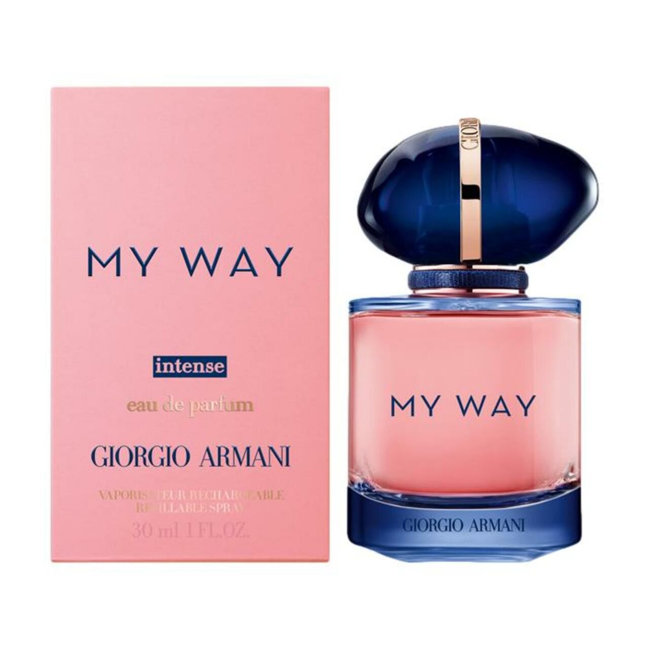 Flacone di profumo e confezione. Flacone con tappo blu, contenuto rosa. Scritta "MY WAY". Confezione rosa.
