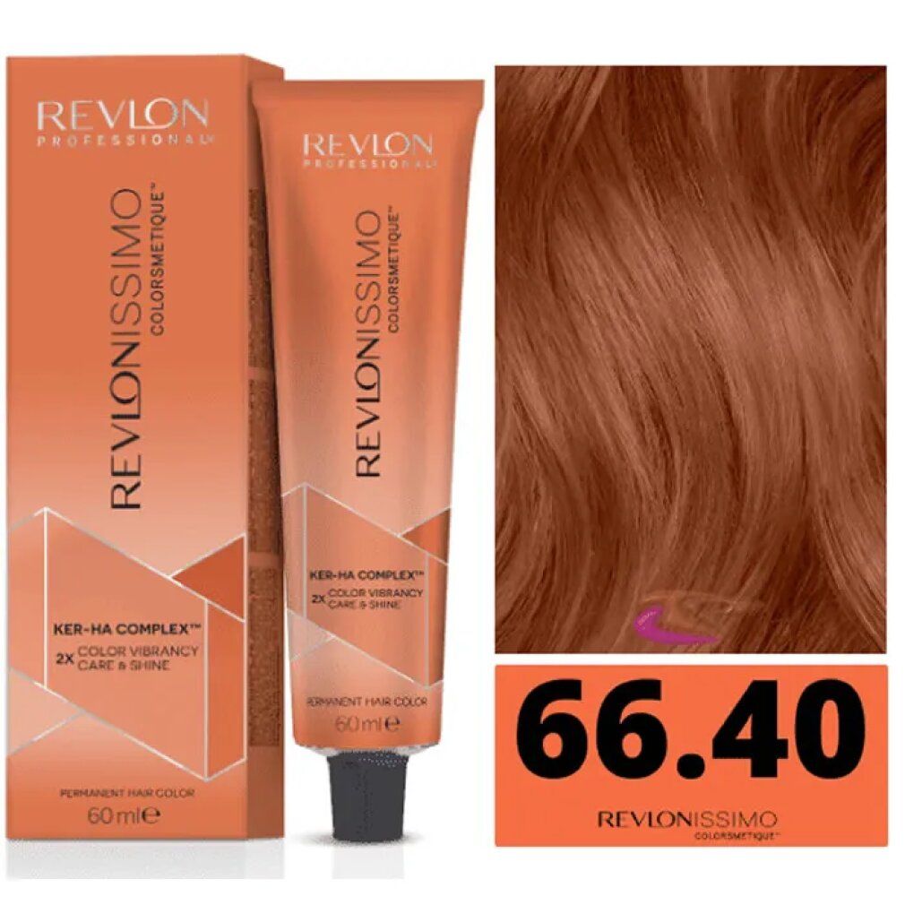 Colorazione Revlon Revlonissimo Colorsmetique 66,40. Tubo e confezione arancioni. Ciocca di capelli. Stampa 66.40.