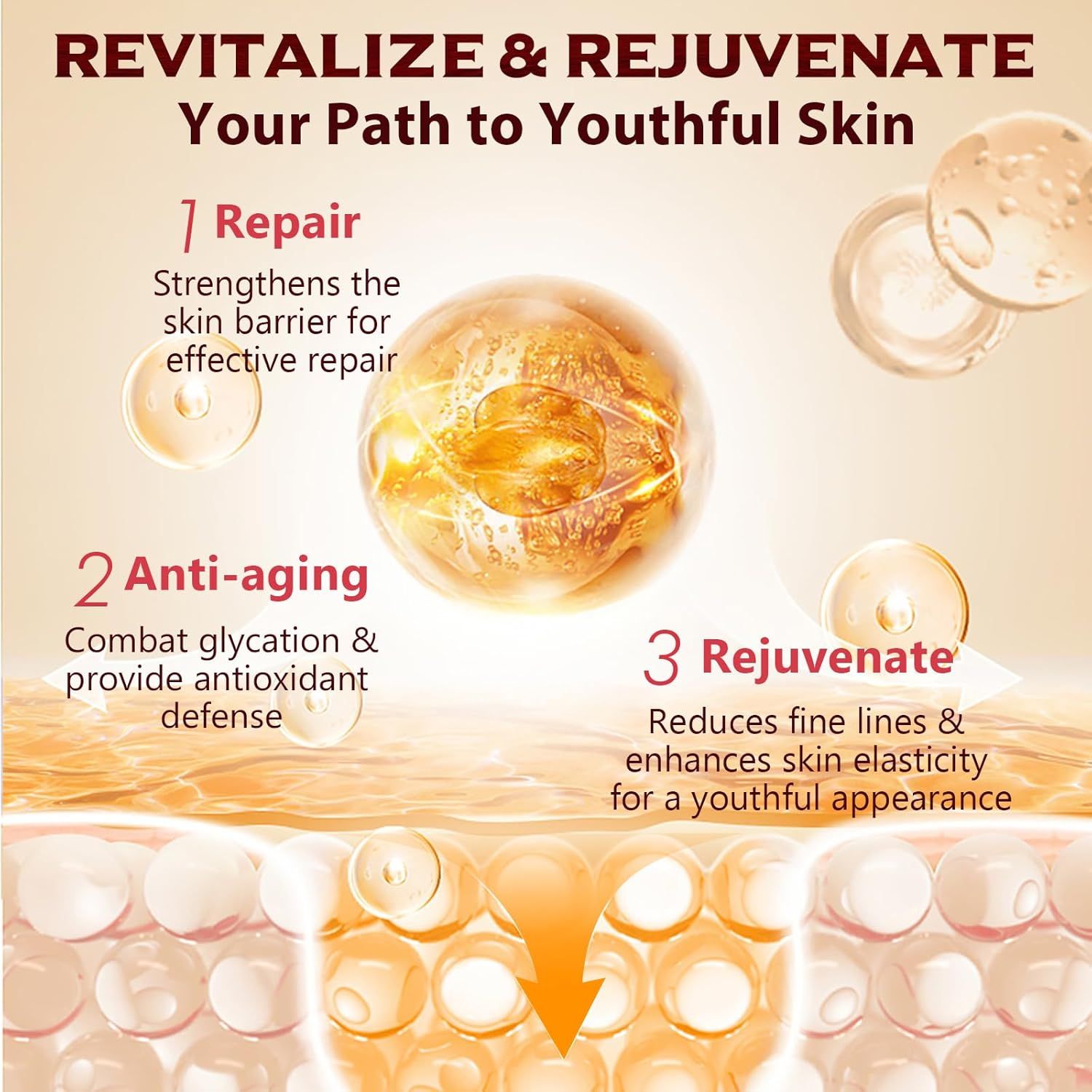 Grafica con tre cerchi e testo: Repair, Anti-aging, Rejuvenate. Sfondo: cellule della pelle. Freccia verso il basso.