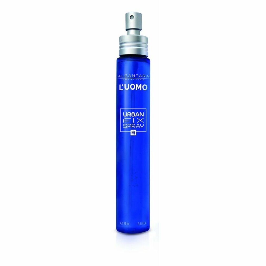 Spray blu con vaporizzatore argentato. Scritta: L'UOMO, URBAN FIX SPRAY. Scritta: ALCANTARA PROFUMERIE.