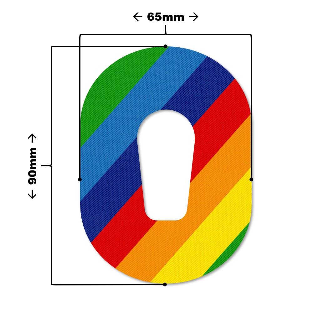 Cerotto di fissaggio arcobaleno con foro. Dimensioni: 90mm x 65mm. Forma ovale con strisce arcobaleno diagonali.