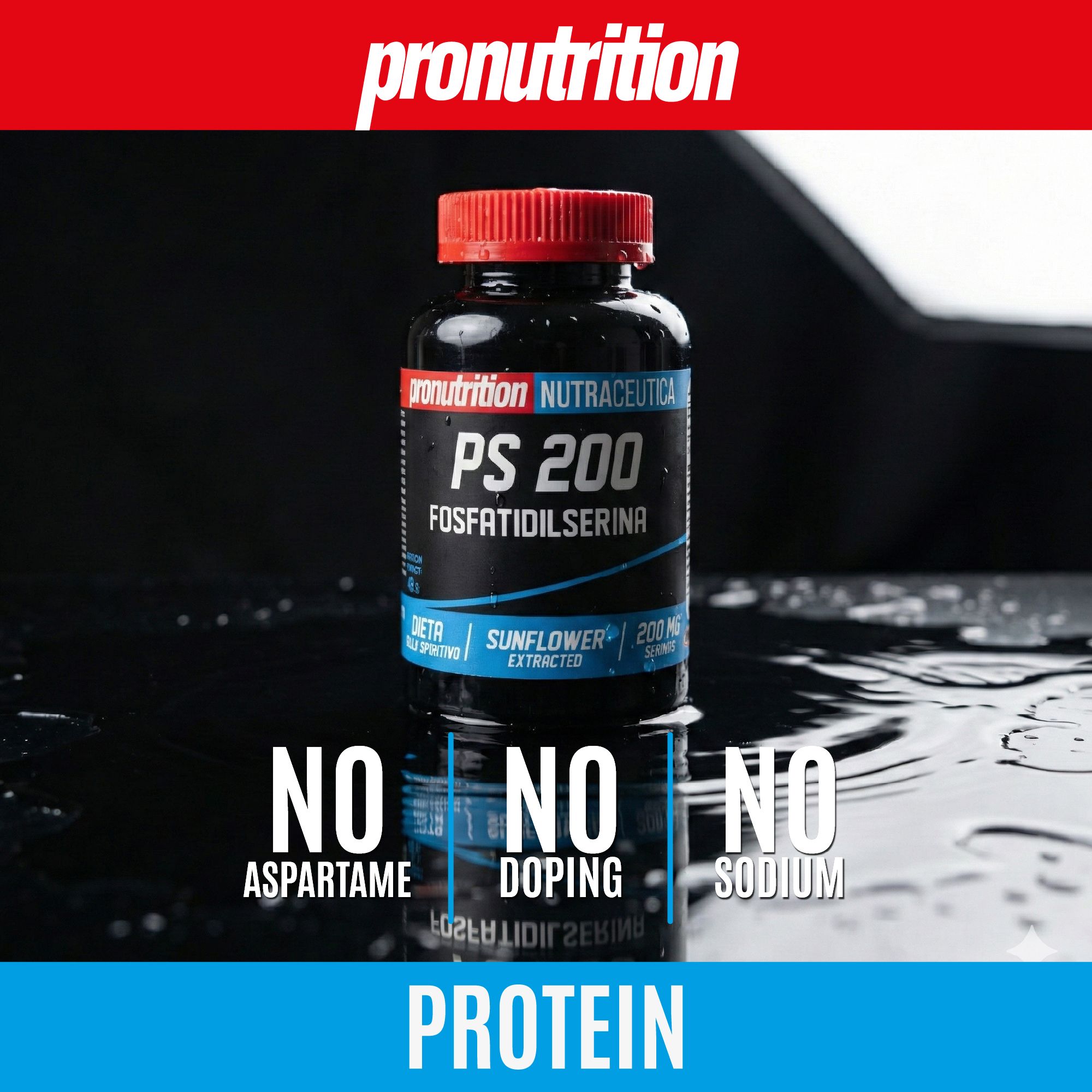 Flacone nero con tappo rosso. Scritta PS 200, Fosfatidilserina. Senza additivi.