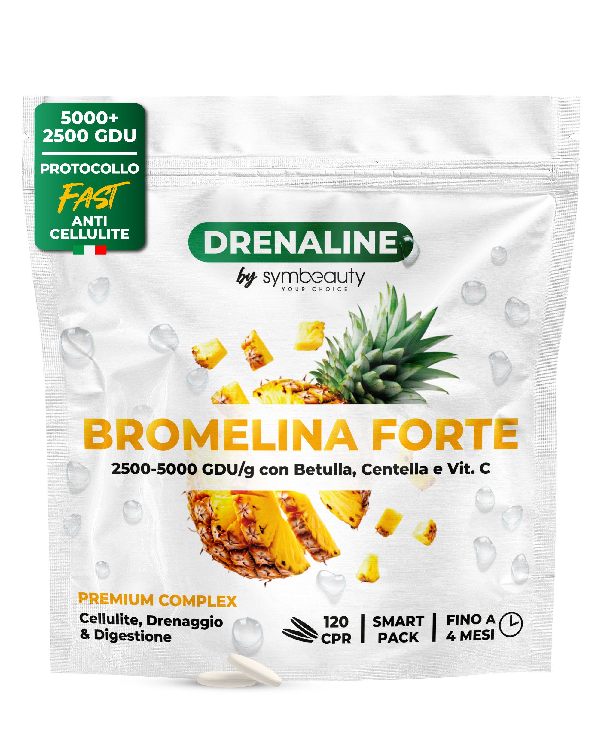 SYMBEAUTY® Bromelina Forte Drenante 2500+5000 GDU GDU con Centella, Betulla e Vitamina C