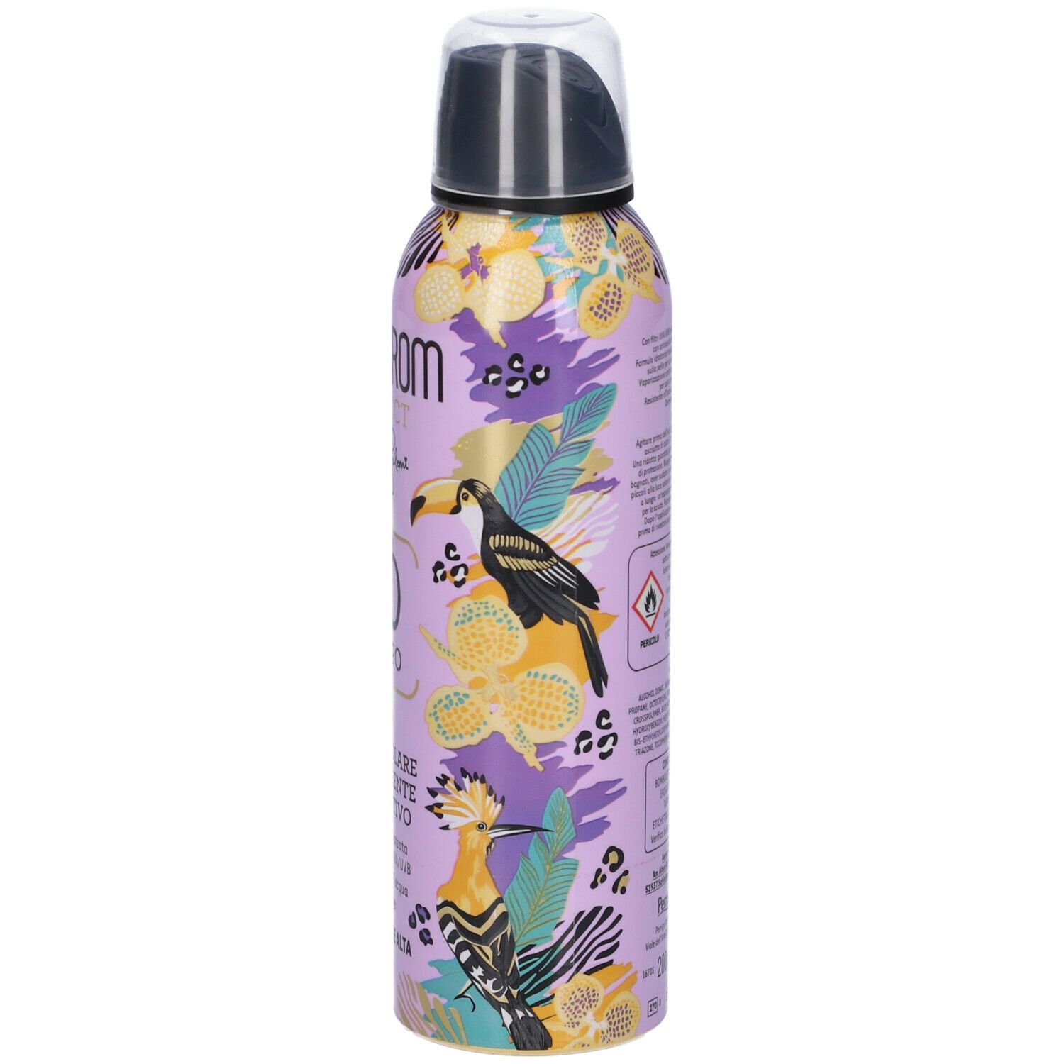 Spray Angstrom Protect, flacone lilla con illustrazioni di uccelli. Testo: 30 Corpo, Spray Solare Trasparente Protettivo. SPF30.