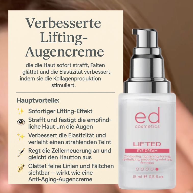 Flacone di crema per occhi con erogatore argentato. Scritta: "ed cosmetics LIFTED EYE CREAM".
