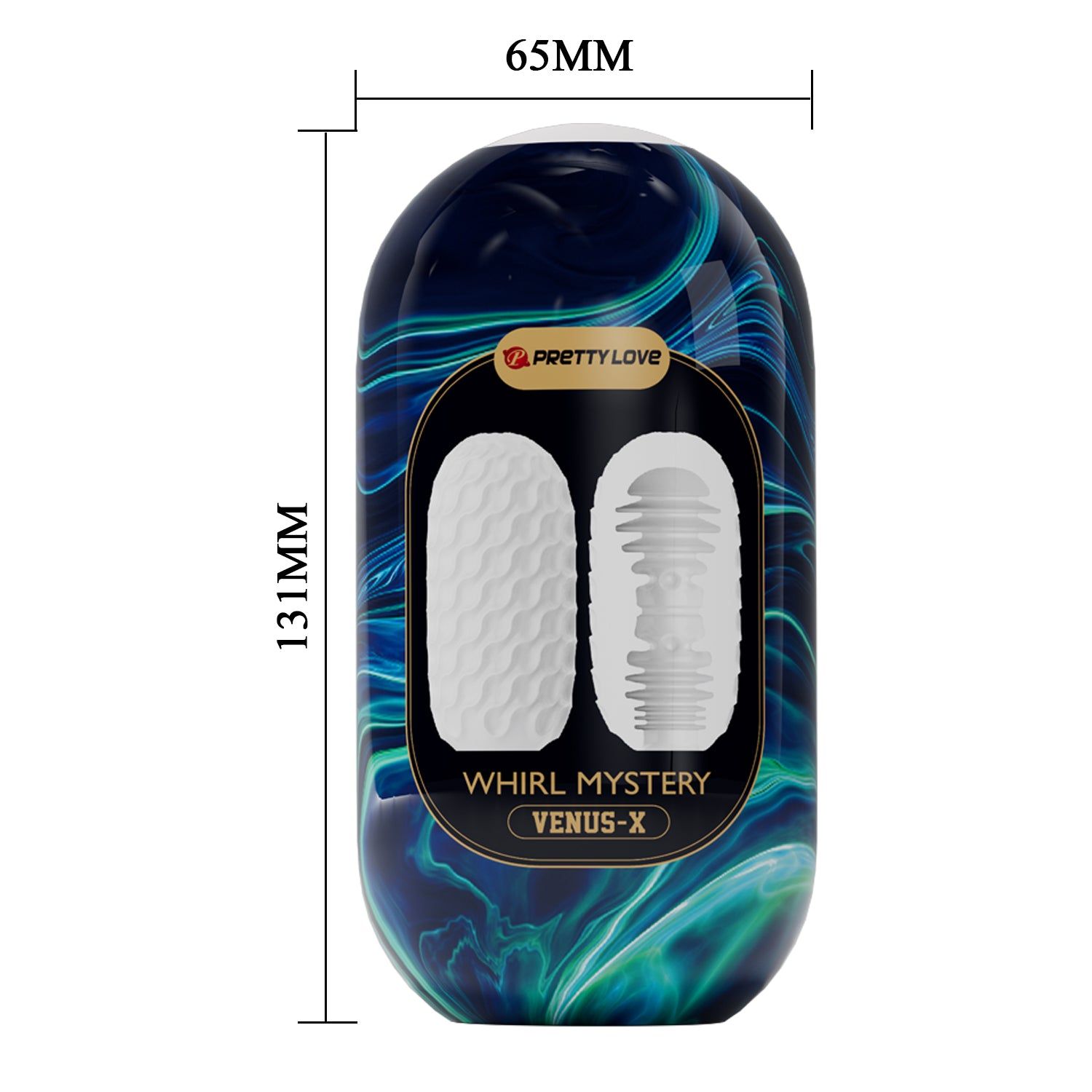 Prodotto ovale con confezione blu-verde, testo: VENUS-X, PRETTY LOVE. Dimensioni: 131mm x 65mm. Prodotto con superficie ondulata.