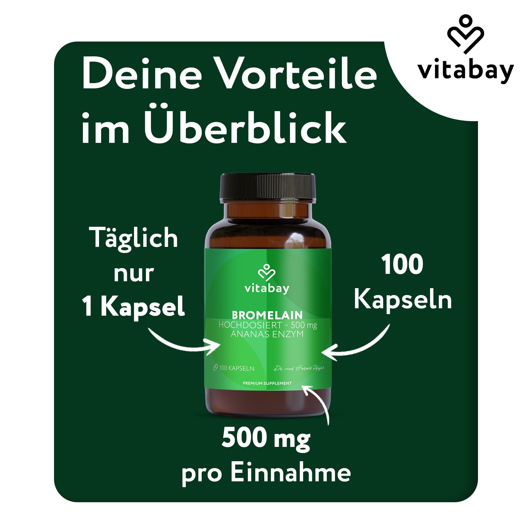 Flacone di vetro marrone con etichetta verde: Vitabay Bromelina 500mg, 100 capsule. Testo: 1 capsula al giorno, 500 mg.