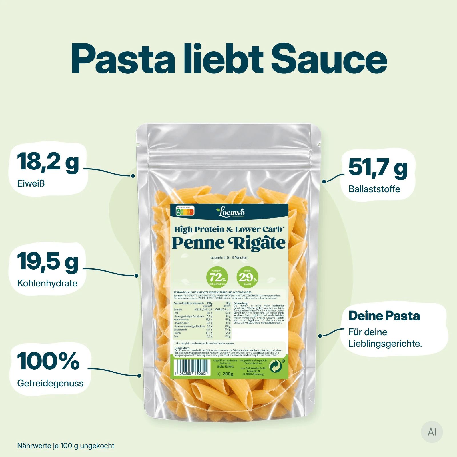 Pasta Penne Rigate Locawo High Protein & Lower Carb in confezione trasparente con informazioni nutrizionali ed etichetta A-B-C-D-E.