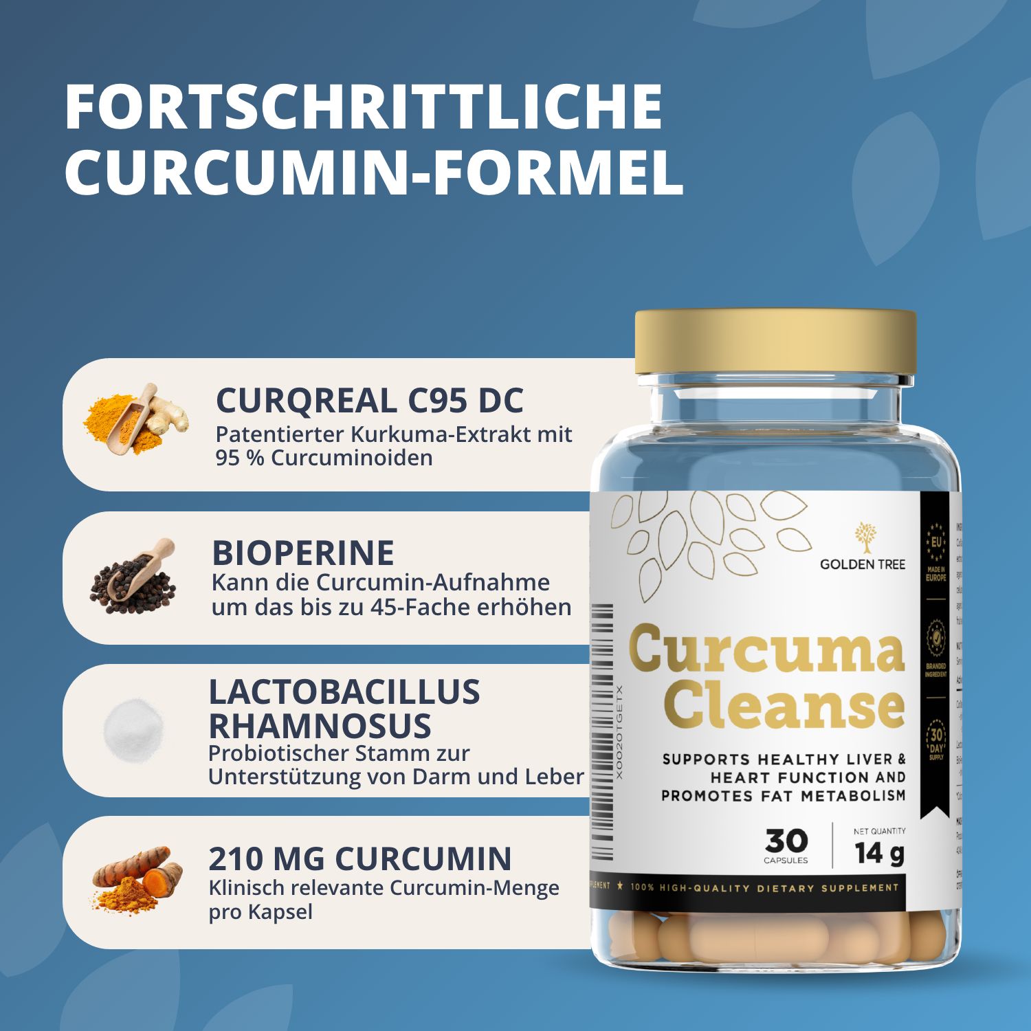 Flacone Curcuma Cleanse con descrizione dettagliata degli ingredienti come CurQreal C95 DC e Bioperine.