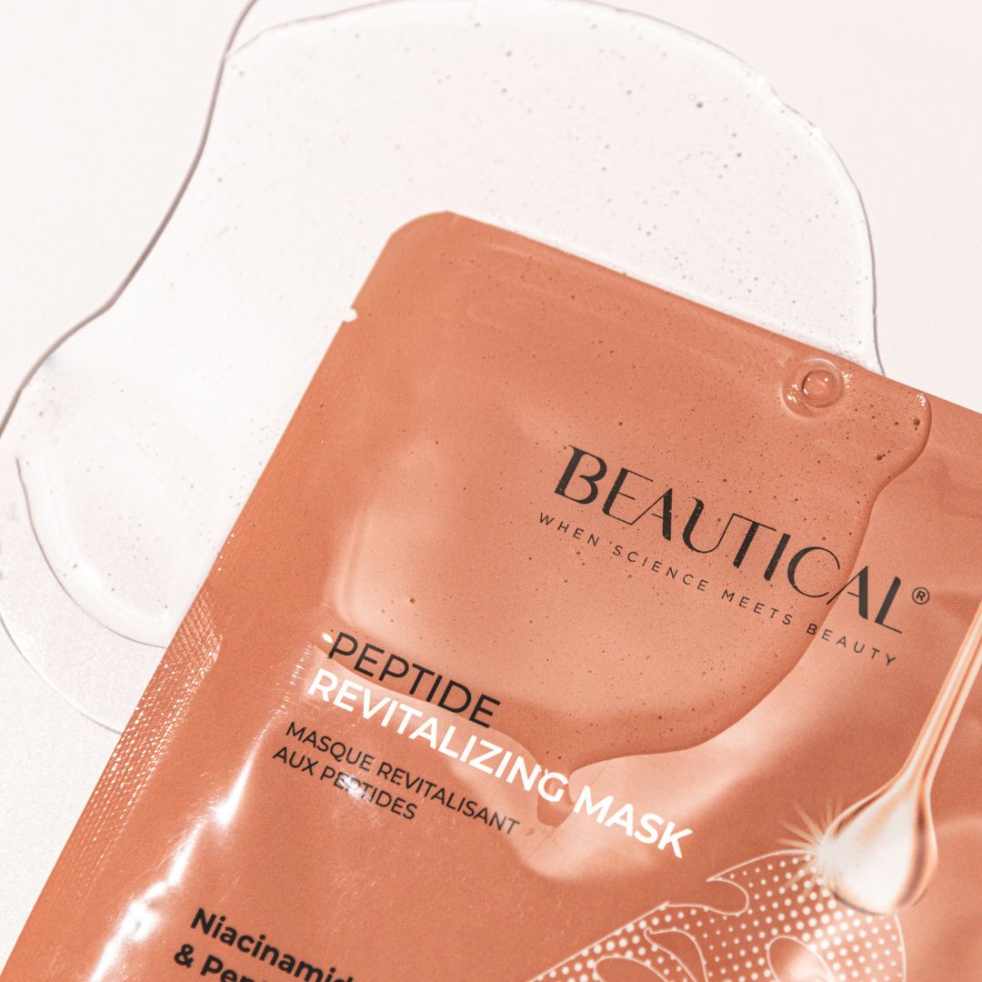 Maschera rivitalizzante ai peptidi Beautical e liquido. Contiene: Niacinamide, collagene e peptidi.