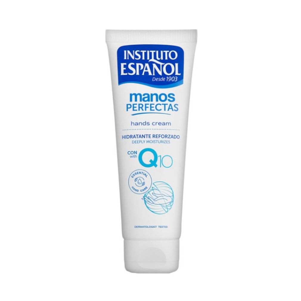 Tubo bianco con logo blu Instituto Español, scritta 'manos perfectas', 'hands cream' e 'Q10'.