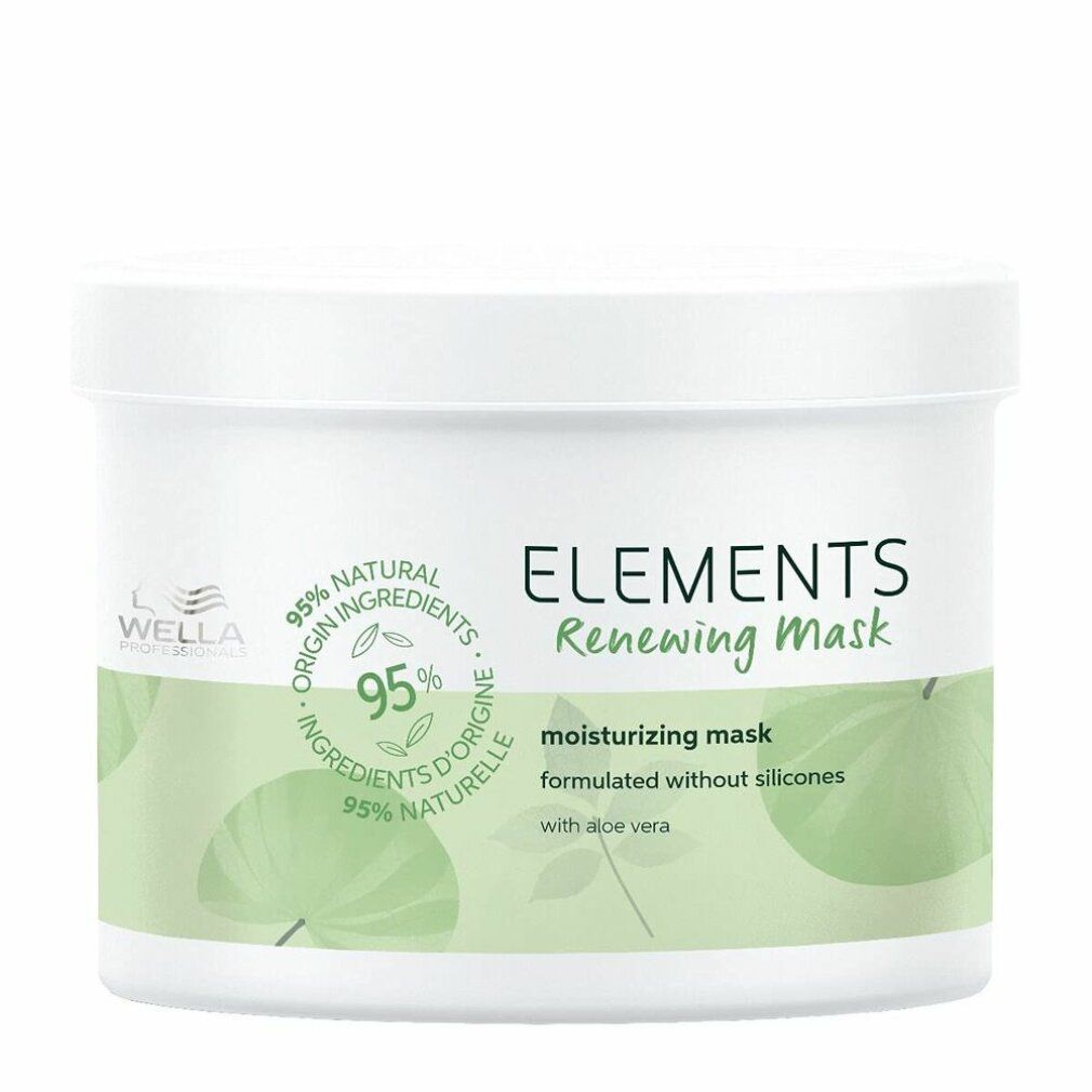 Vaso bianco con stampa verde. Scritta: ELEMENTS Renewing Mask, 95% ingredienti naturali, senza siliconi.