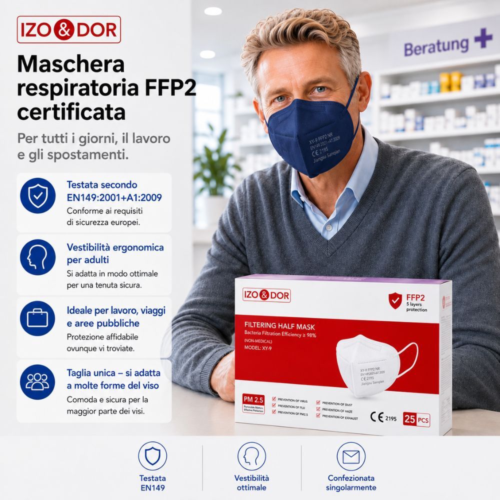 Uomo con maschera FFP2 blu scuro. Confezione mostra CE 2195, 25 pezzi.