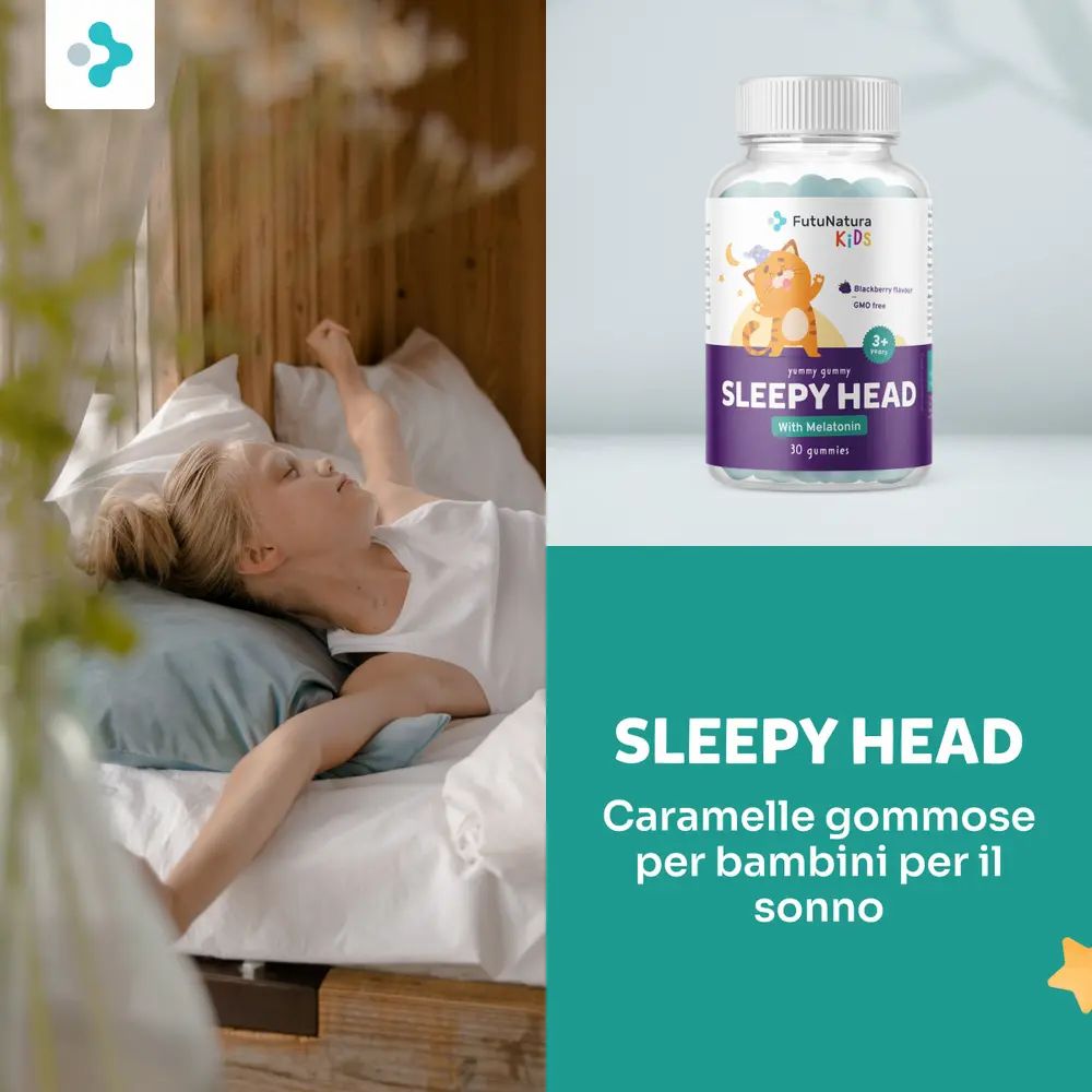 Flacone di Sleepy Head Gummies per bambini. Scritta: Sleepy Head, 3+ anni, 30 caramelle gommose. Bambino a letto.