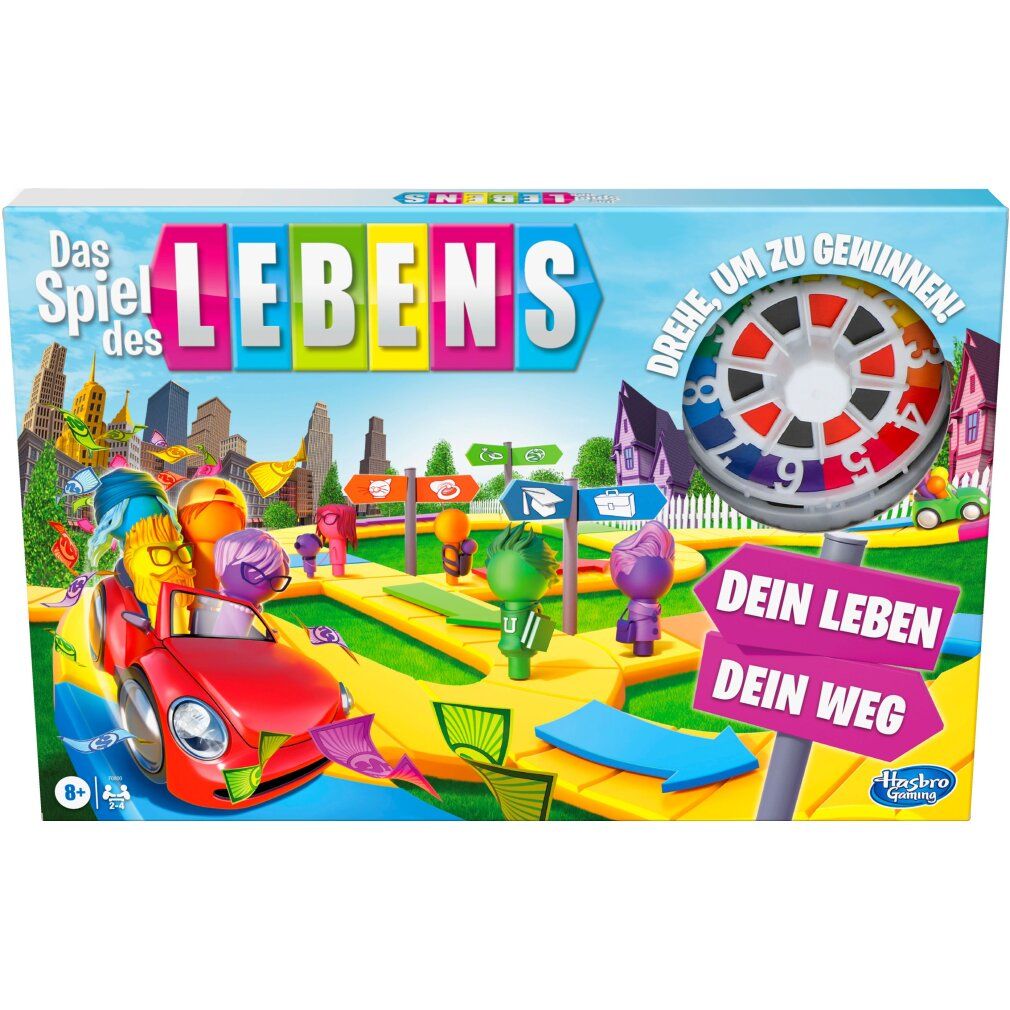 Scatola del gioco "Das Spiel des Lebens". Mostra un'auto rossa e personaggi su un percorso.