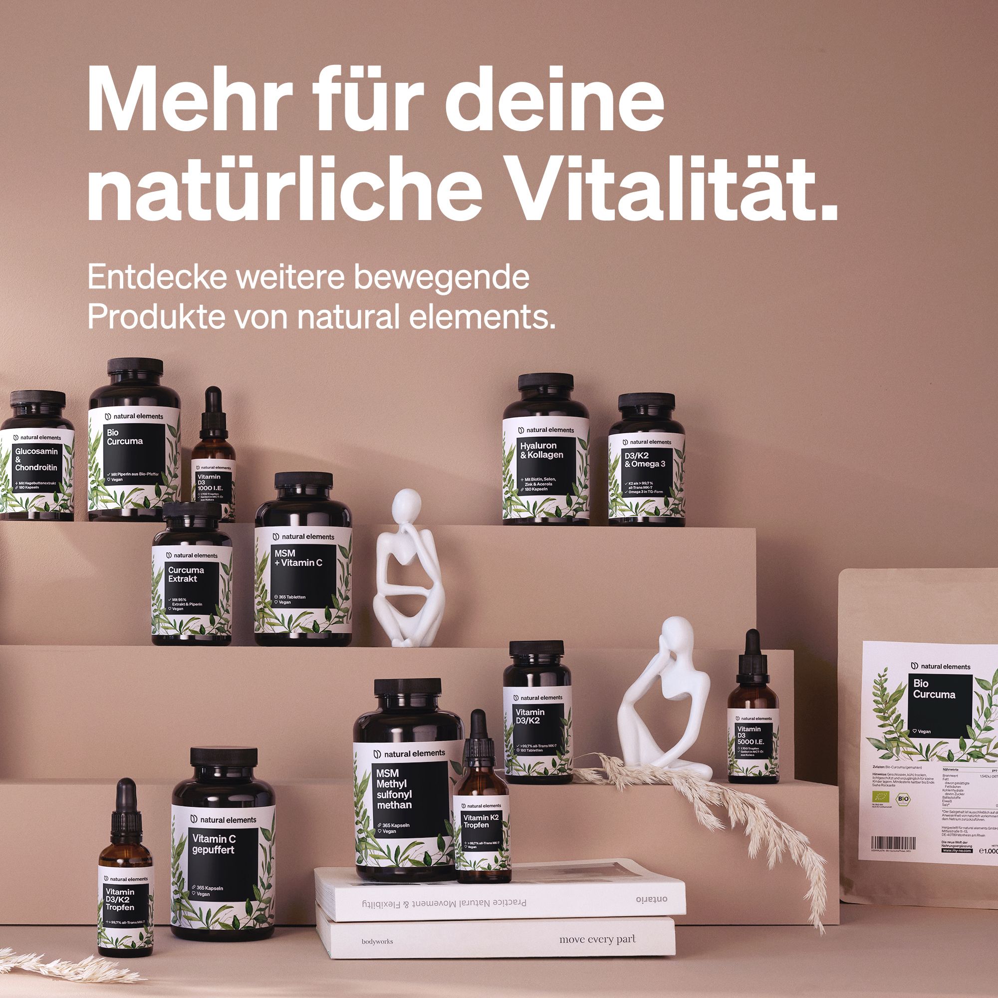 Vari prodotti natural elements. Flaconi, gocce, compresse. Testo: Di più per la tua vitalità naturale.