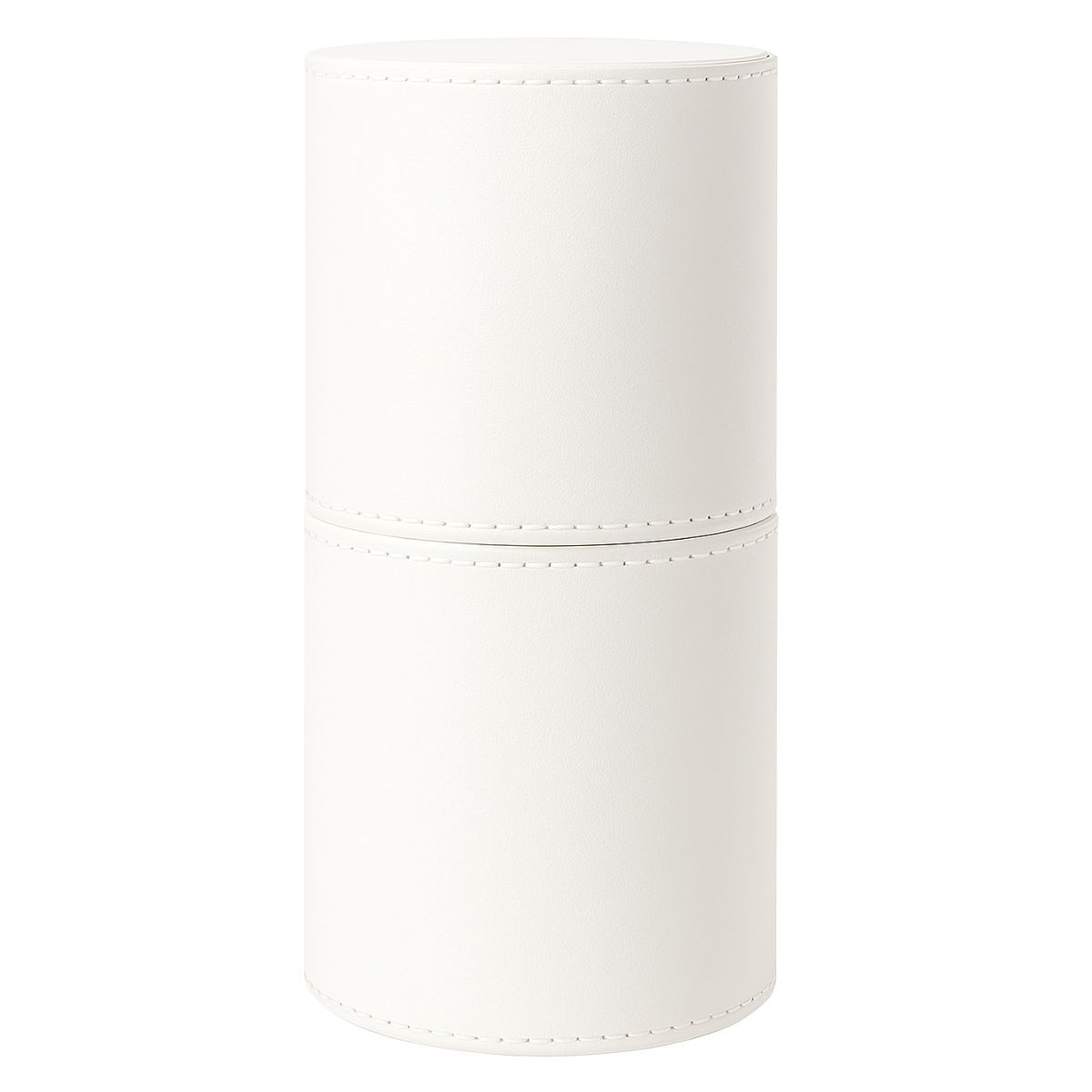 Contenitore cilindrico bianco con dettagli a cucitura.