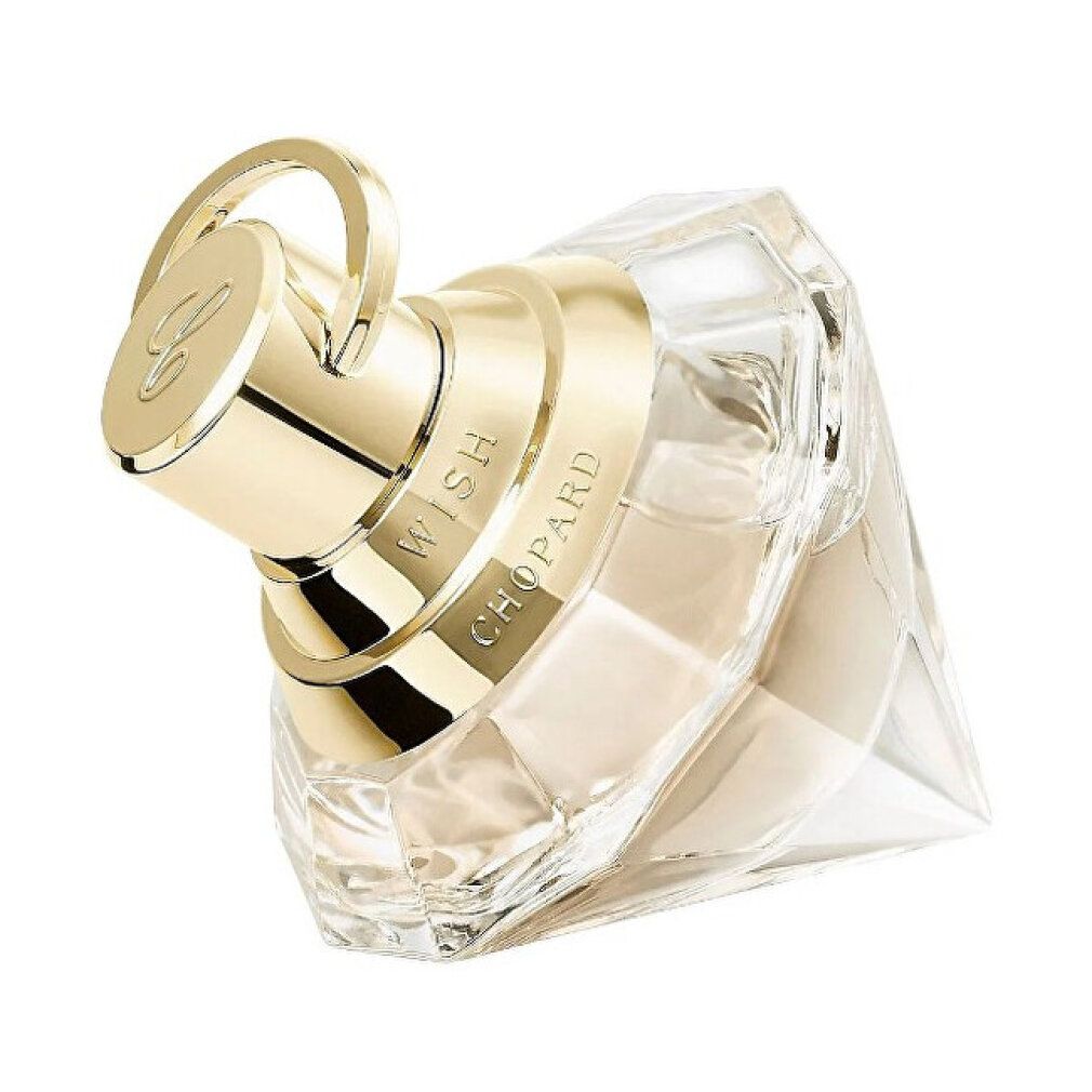 Flacone di profumo con tappo dorato. Il logo è inciso sul tappo. Il flacone ha una forma a diamante.