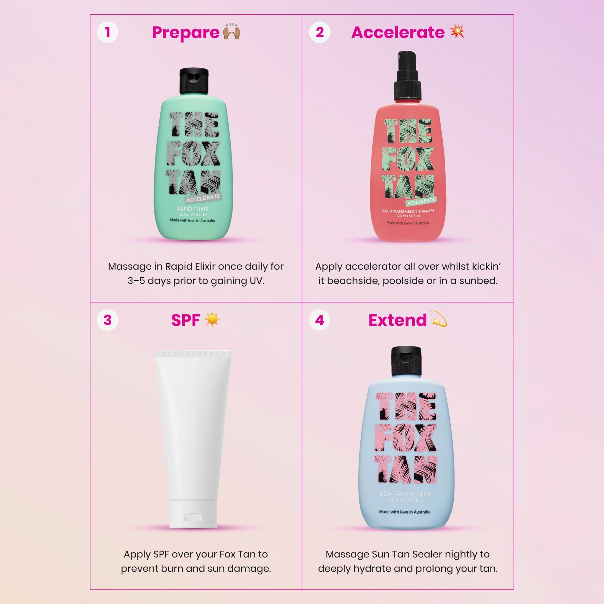 Collage con quattro prodotti: Rapid Elixir, Rapid Shimmer, SPF e Sun Tan Sealer. Scritta: The Fox Tan.