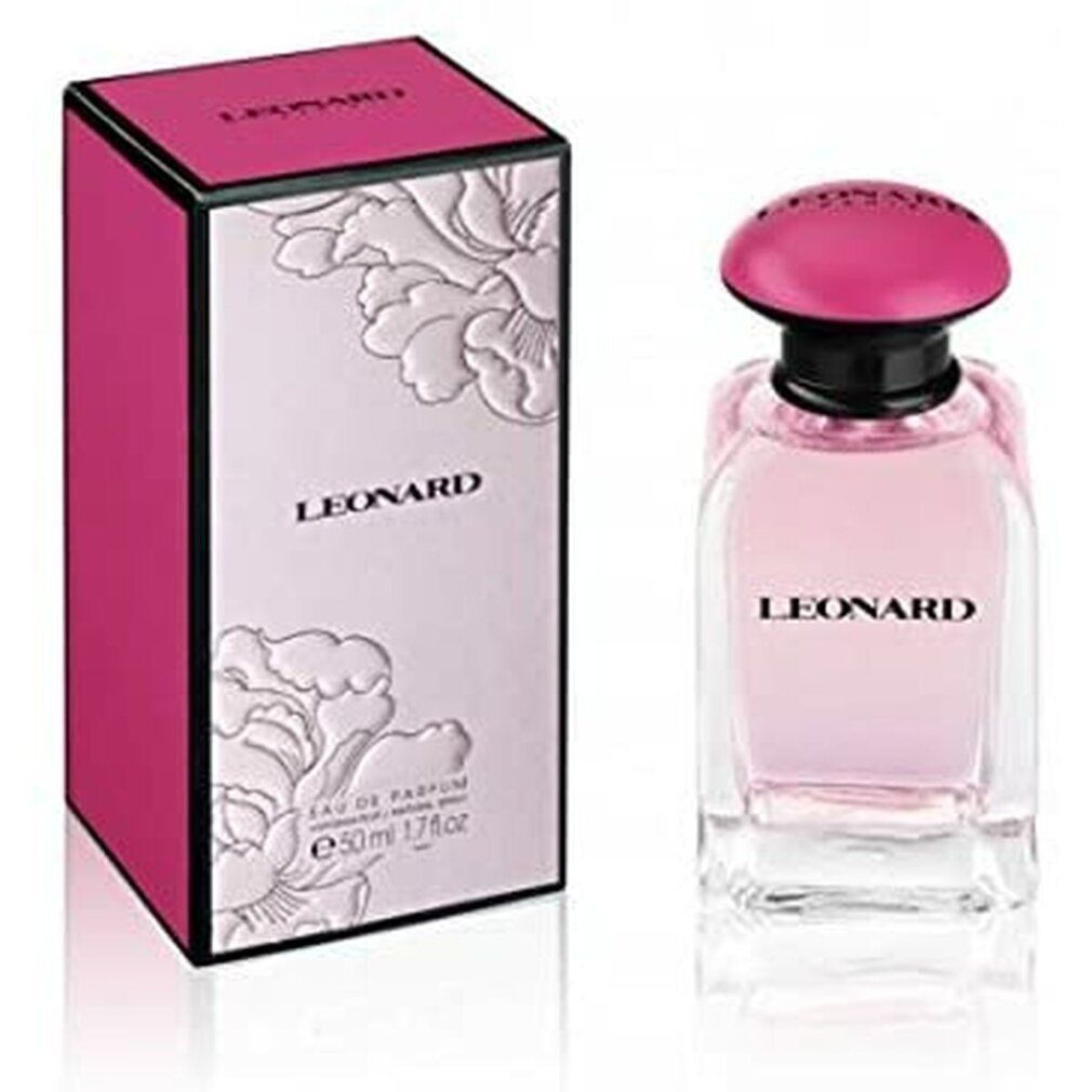 Scatola rosa con flacone. Flacone con liquido rosa, tappo nero e cappuccio rosa. Scritta "LEONARD".
