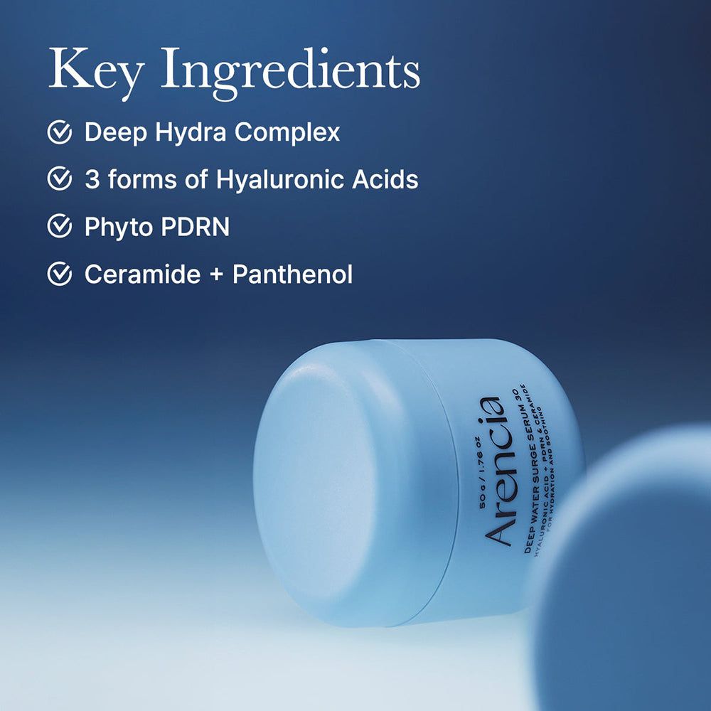 ARENCIA Deep Water Surge Serum 30 vasetto con elenco degli ingredienti chiave: acido ialuronico, PDRN, ceramidi.