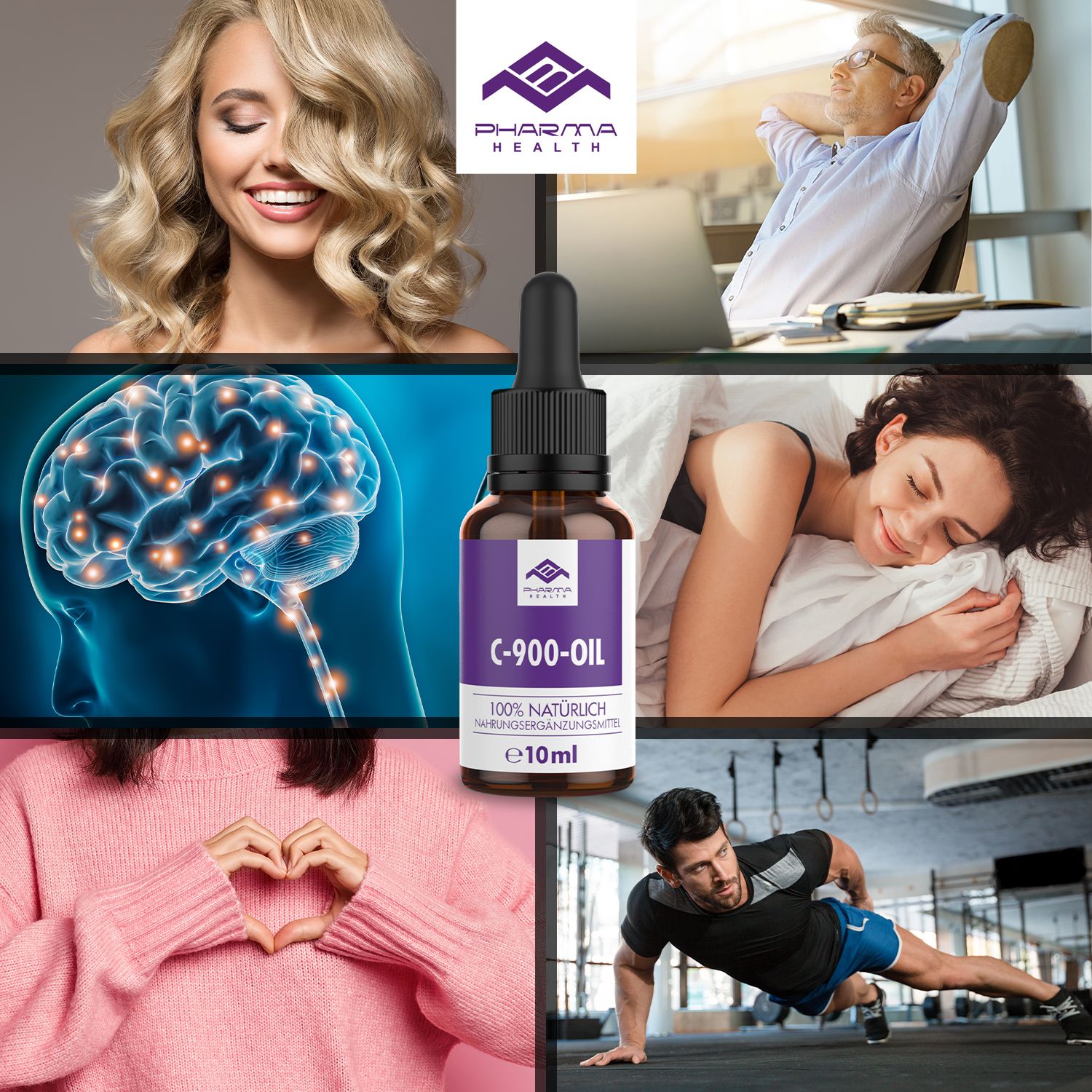 Flacone del prodotto con "C-900-OIL" davanti a diverse immagini: cervello, donna sorridente, donna che dorme, uomo che fa sport, cuore.