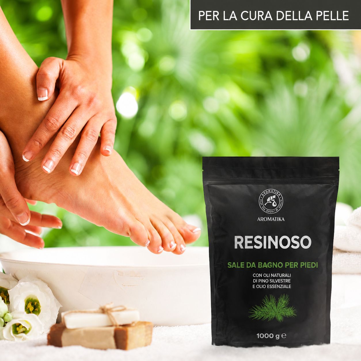 Sacchetto nero di sale da bagno per piedi, marca Aromatika, 1000g.