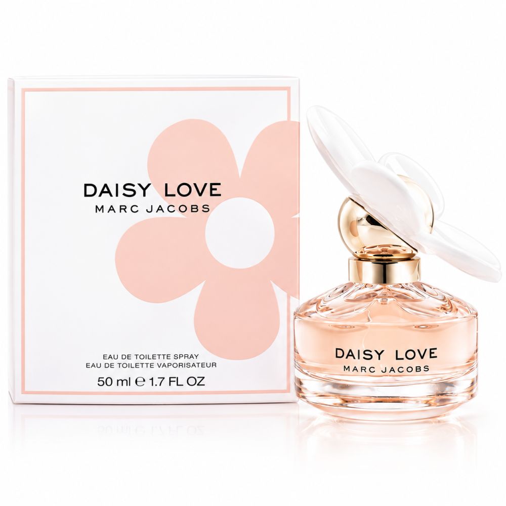 Flacone e confezione Marc Jacobs Daisy Love Eau de Toilette Spray con motivo floreale.