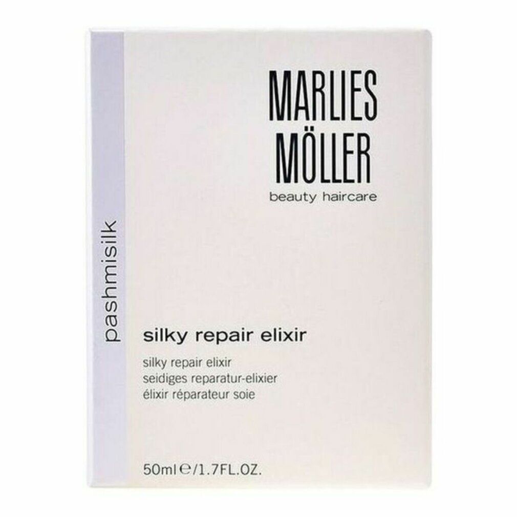 Confezione con scritta: Marlies Möller, silky repair elixir. Denominazioni multilingue del prodotto. 50ml/1.7FL.OZ.