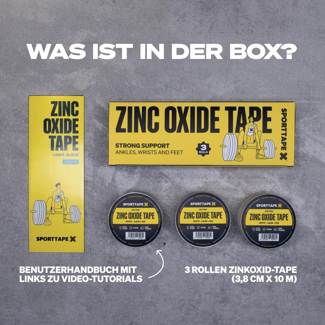 Contenuto della confezione: una scatola, una guida e tre rotoli di tape bianco all'ossido di zinco.