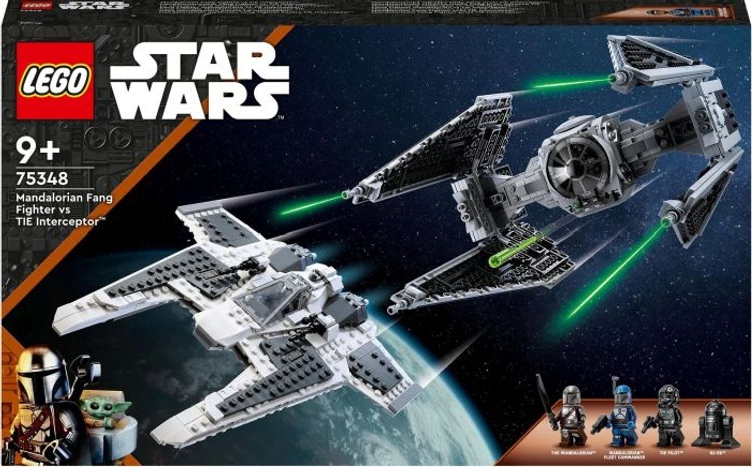 Set LEGO Star Wars 75348. Confezione mostra Fang Fighter e TIE Interceptor nello spazio. Include personaggi e logo.