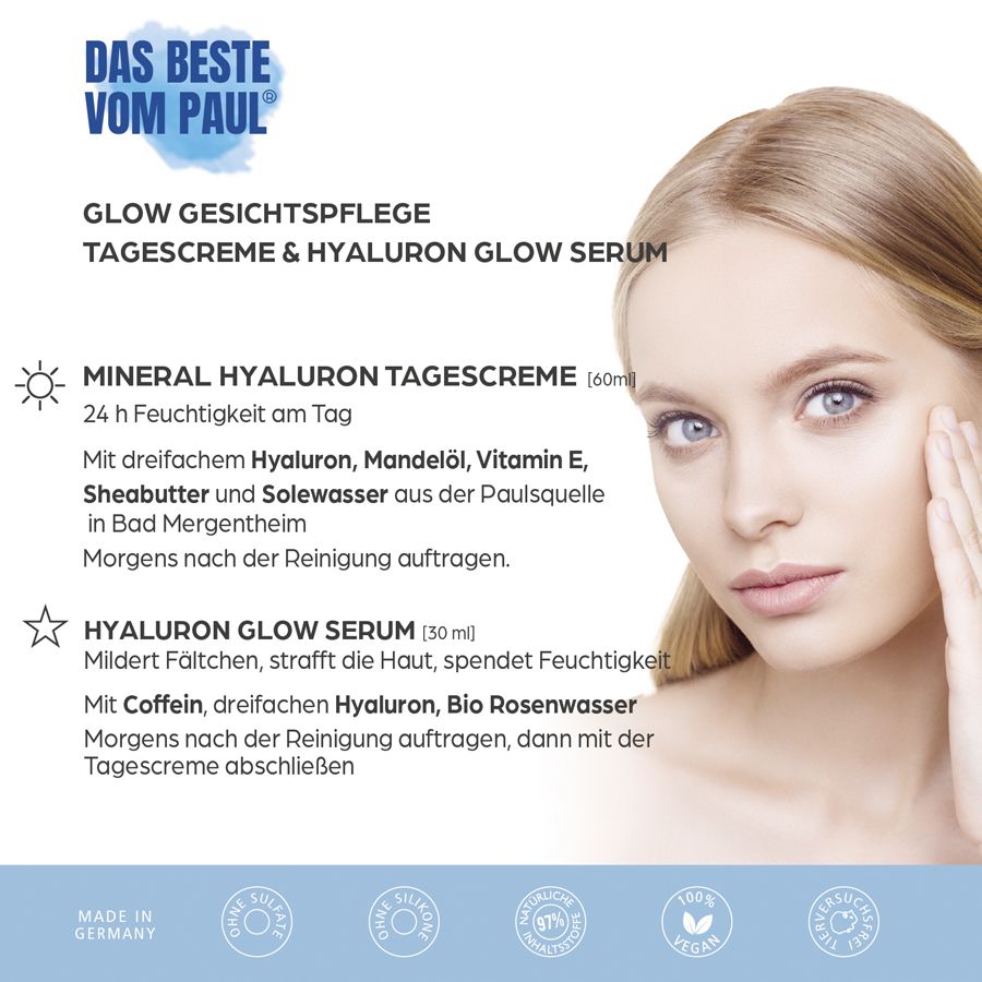 Immagine del prodotto con donna. Testo: Glow Gesichtspflege, Crema giorno & Siero Hyaluron. Ingredienti e utilizzo.