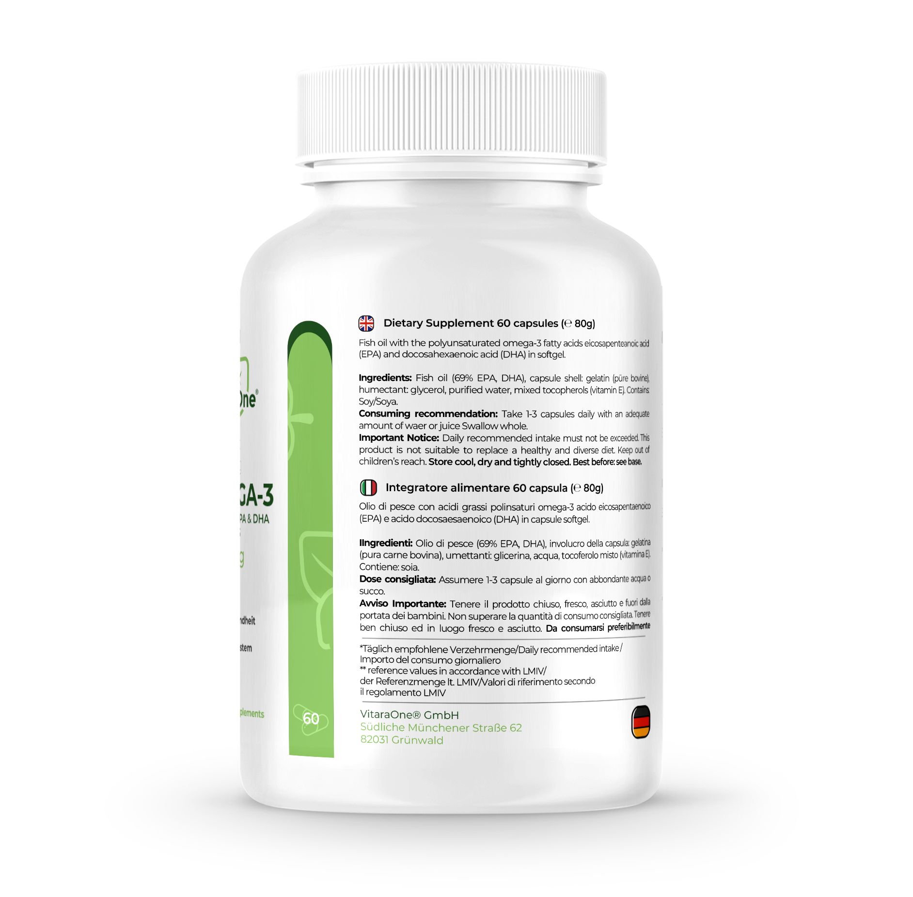 Retro del flacone di capsule Omega-3. Testo in tedesco e inglese. Contiene informazioni sugli ingredienti.