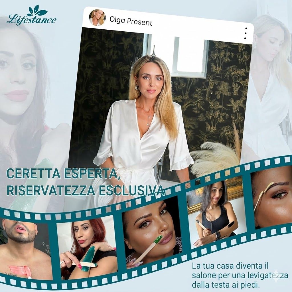 Donna con spatola di legno e cera. Testo: Lifestance, esperta di epilazione, privacy esclusiva.