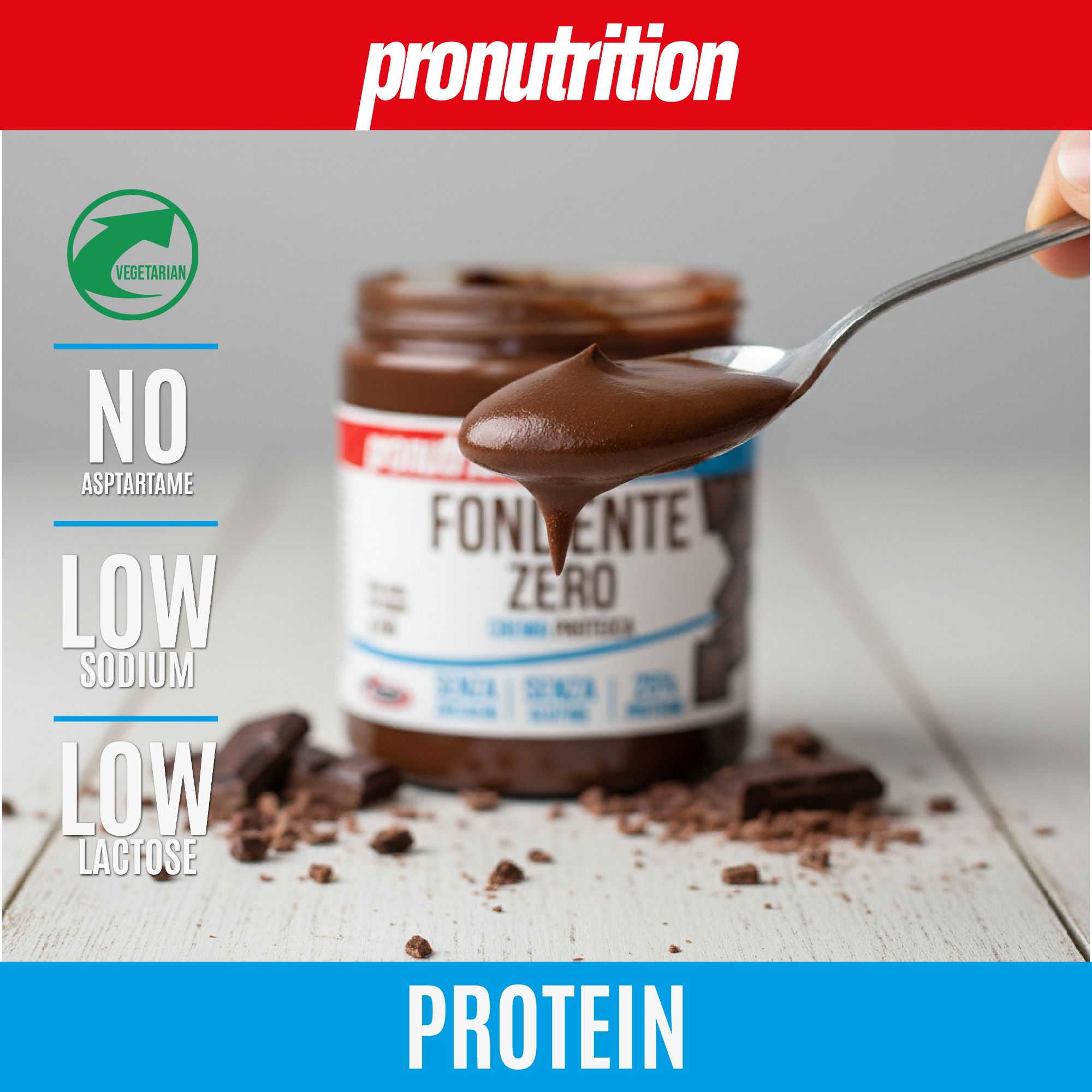 Cucchiaio di Pronutrition Protein Fondente Zero. Scritta: Fondente Zero, Senza Zuccheri, Senza Glutine, 25% Proteine. Simbolo vegetariano.